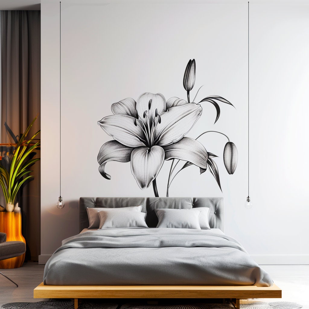 Classic Black and White Lily Bloom Wall Sticker - Elegant Floral Bedroom Wall Decal Decor