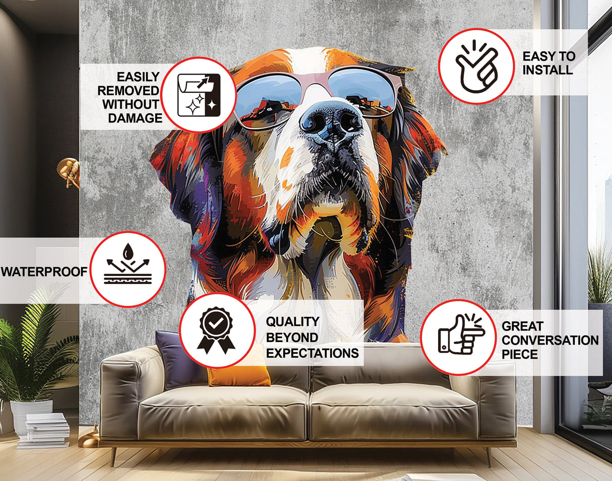 Thoughtful St. Bernard in Glasses Wall Decal - Dreamy Watercolor Bernese Mountain Dog Imagining Art Sticker