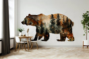Autumn Forest Bear Silhouette Wall Sticker - Majestic Woodland Scene Bruin Nature Vinyl Decal for Rustic Home Decor