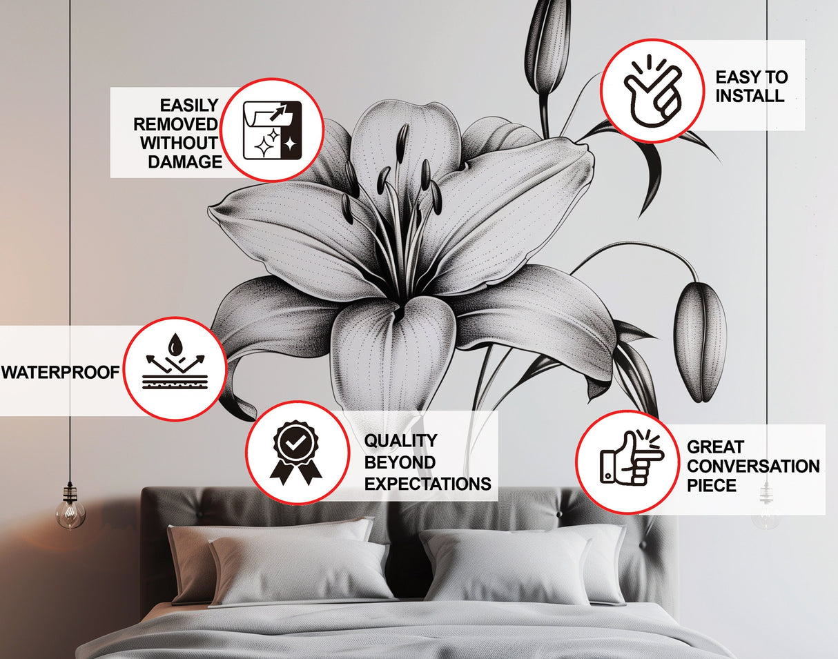 Classic Black and White Lily Bloom Wall Sticker - Elegant Floral Bedroom Wall Decal Decor