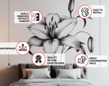 Classic Black and White Lily Bloom Wall Sticker - Elegant Floral Bedroom Wall Decal Decor
