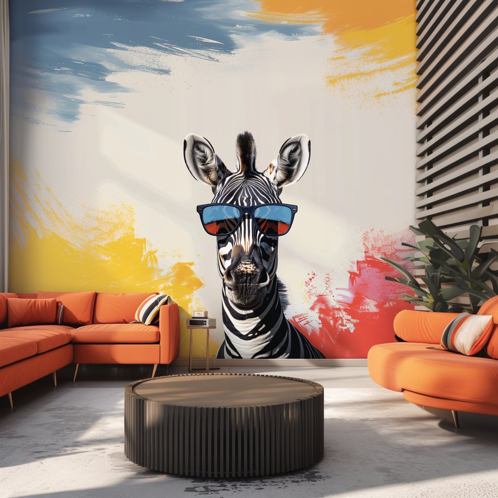 Funky Zebra with Sunglasses Wall Decal - Vibrant Modern Animal Art Sticker for Home Decor