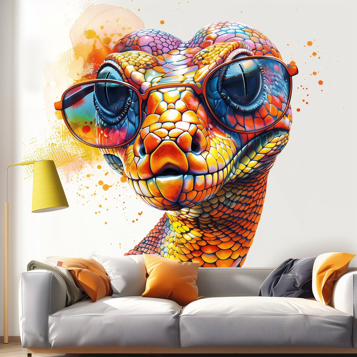 Vibrant Orange Snake with Glasses Wall Decal - Easy-to-Apply & Repositionable Watercolor Snake Sticker