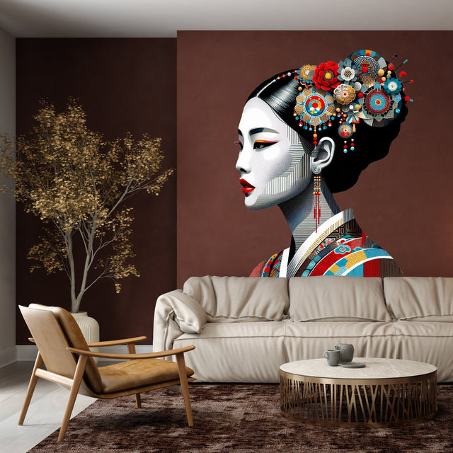 Colorful Asian Woman Portrait Wall Decal - Intricate Traditional Attire Sticker
