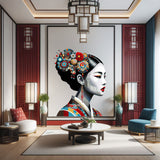 Colorful Asian Woman Portrait Wall Decal - Intricate Traditional Attire Sticker