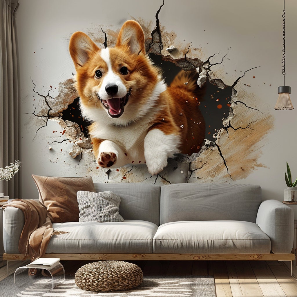 3D Corgi Dog Wall Decal - Playful Pet Sticker