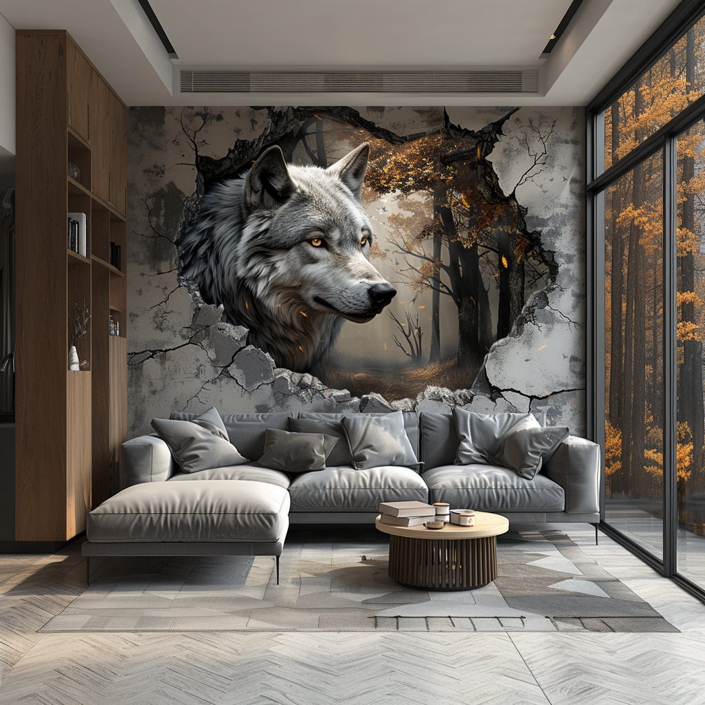 Realistic 3D Wolf Forest Wall Decal Sticker - Majestic Wolf Breaking Through Wall