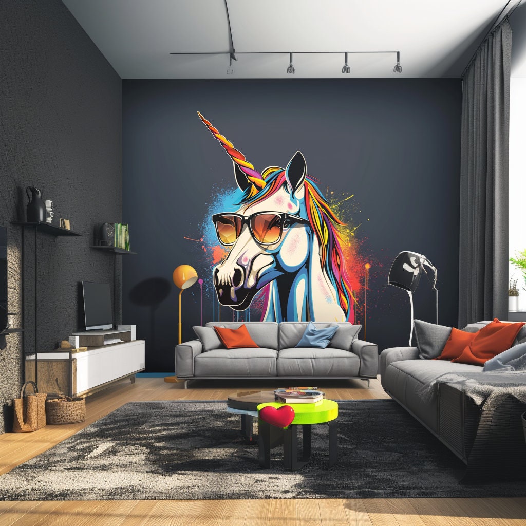 Graffiti Unicorn Wall Sticker - Colorful Unicorn with Sunglasses Decal