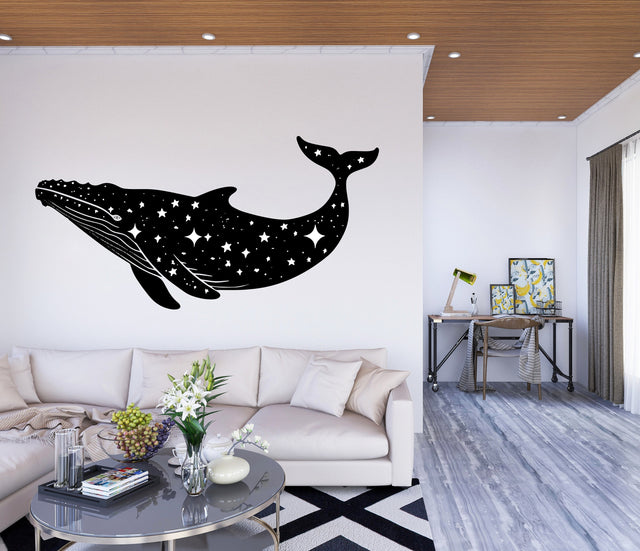 Celestial Whale Wall Sticker - Black Silhouette Whale with Stars Decal