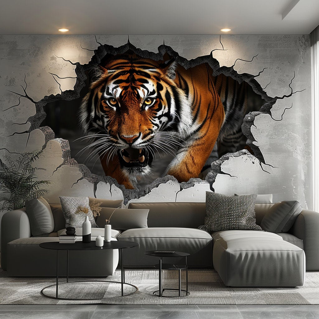 Realistic 3D Tiger Wall Decal - Majestic Animal Sticker Breaking Through Wall