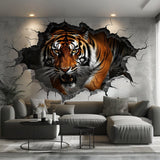 Realistic 3D Tiger Wall Decal - Majestic Animal Sticker Breaking Through Wall