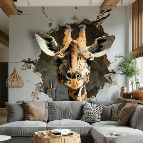 Realistic 3D Giraffe Head Wall Decal Sticker - Fun Safari Animal Breaking Through Wall Art
