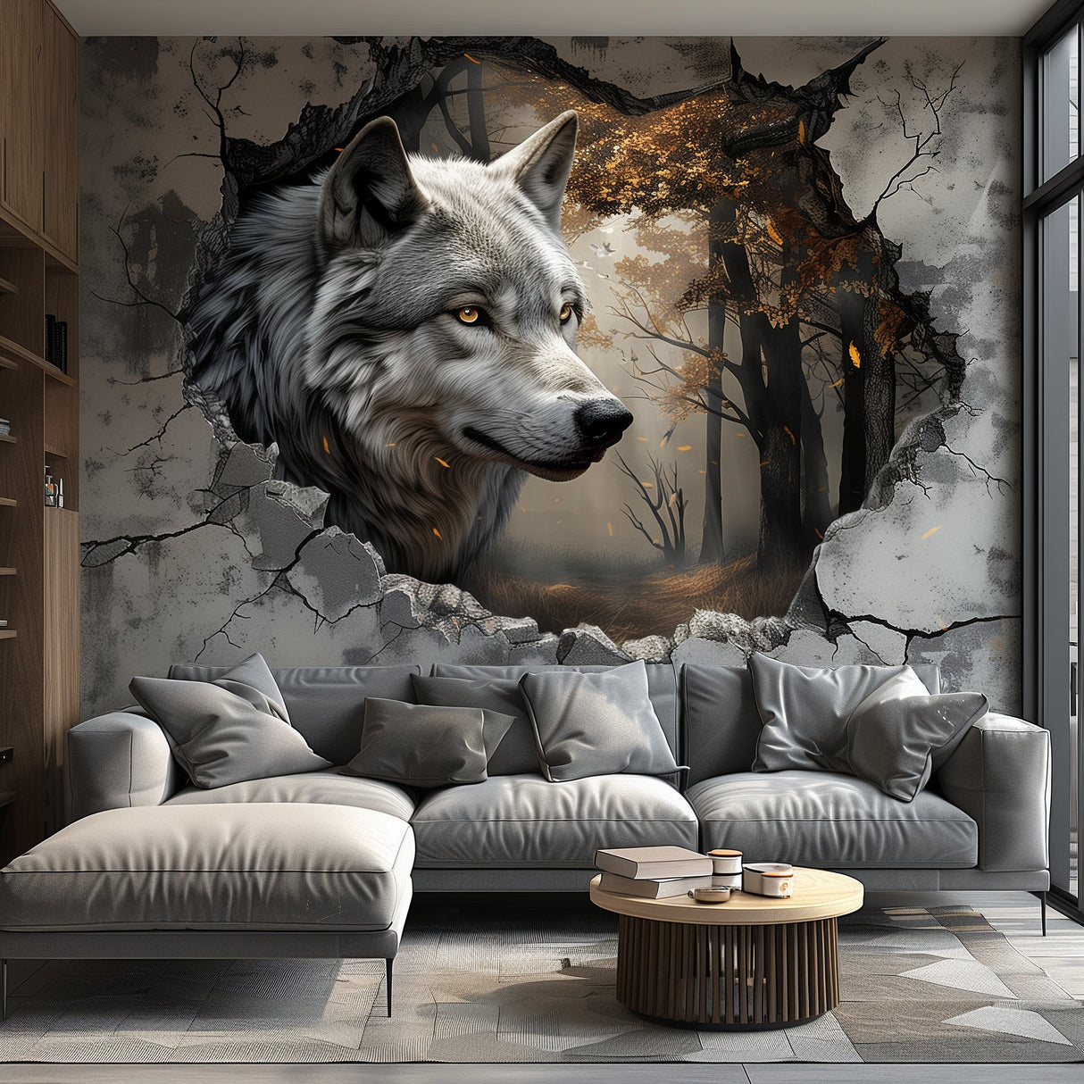 Realistic 3D Wolf Forest Wall Decal Sticker - Majestic Wolf Breaking Through Wall