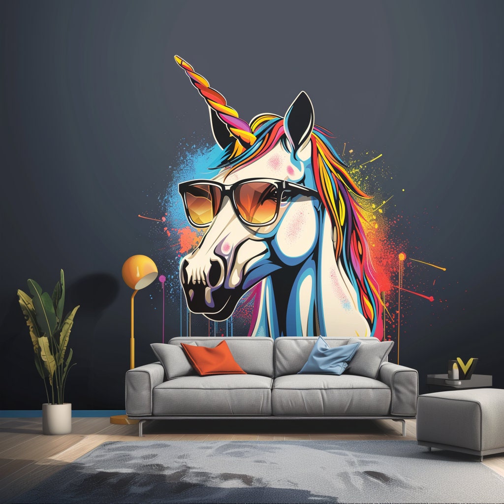 Graffiti Unicorn Wall Sticker - Colorful Unicorn with Sunglasses Decal