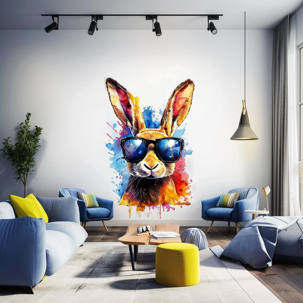 Stylish Rabbit with Sunglasses Wall Decal | Colorful Watercolor Art Sticker | Fun Animal Wall Decor | Photorealistic Room Decals Home Decor