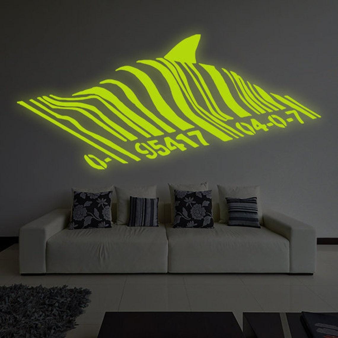 Banksy Barcode Shark Wall Vinyl Sticker - The Glow In Dark Street Art Graffiti Night Decal For Kids Room