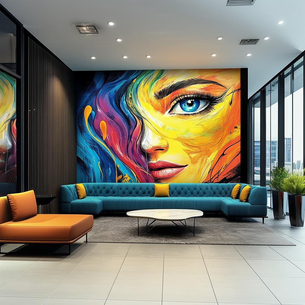 Colorful Abstract Woman's Face Wallpaper Decal | Bold Rainbow Wall Mural Sticker | Large Vinyl Wall Art for Living Room, Office, Hotel Decor