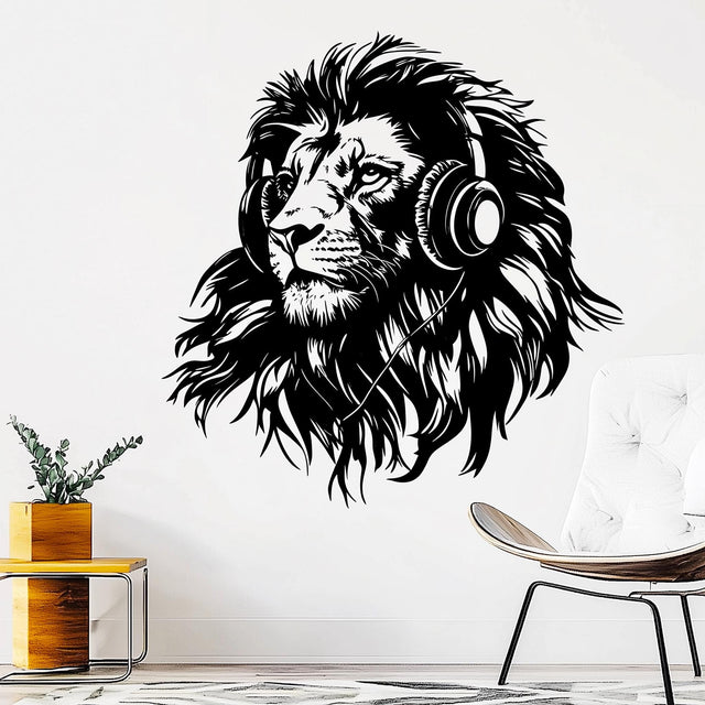 Black Lion Headphones Wall Sticker | Large Thinking Lion Wall Decal | Modern Music Lover Wall Art for Studio | Bold Animal Vinyl Sticker