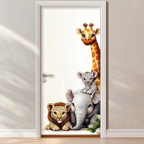 Safari Animal Door Sticker | Baby Giraffe, Lion, Elephant, and Leopard Wall Decal | Removable Vinyl Door Art for Nursery or Kids Room Decor