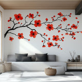 Red Flower Branch Wall Decal | Large Sakura Vinyl Floral Sticker | Removable Nature Art for Living Room, Bedroom, Office, Modern Home Decor