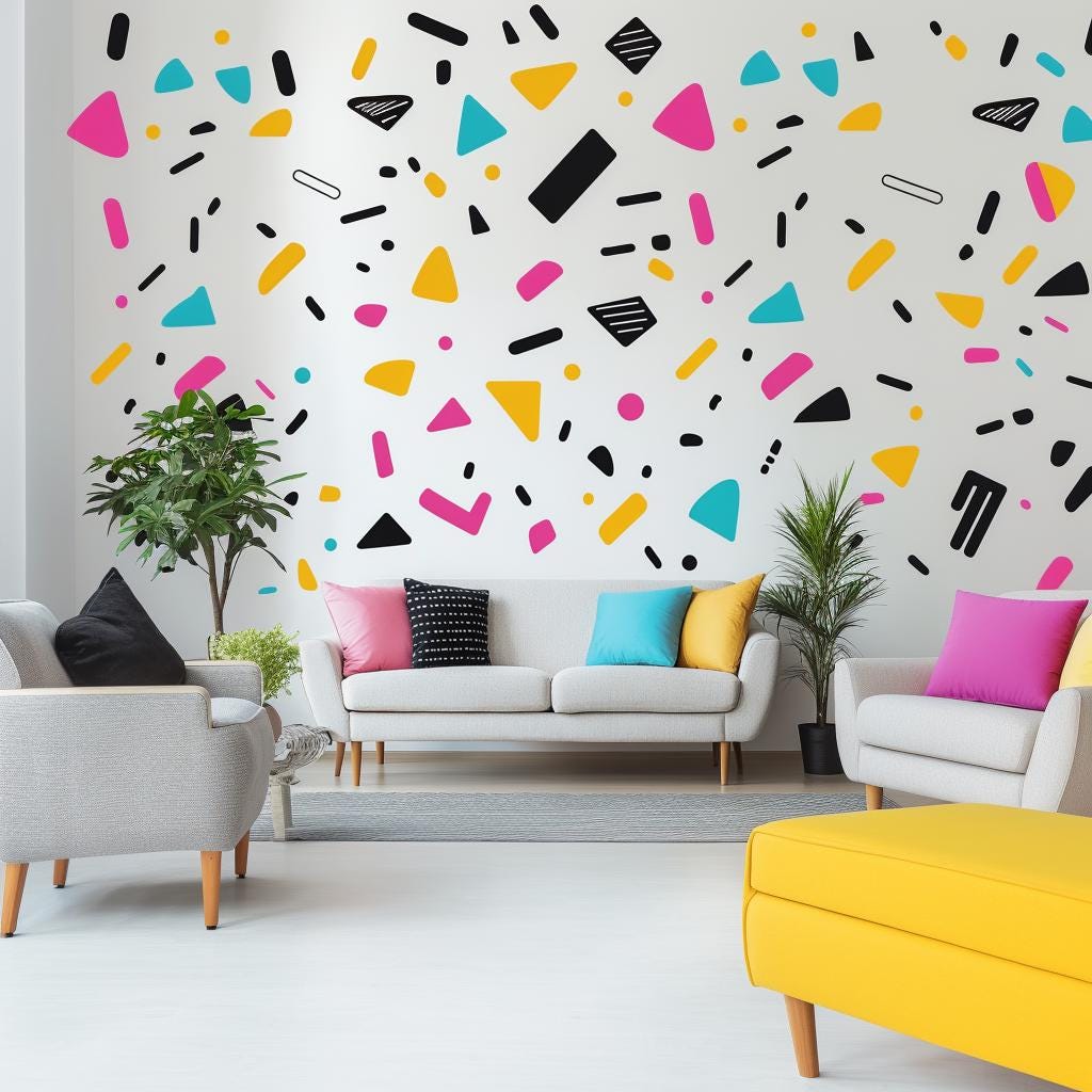Memphis Pattern Wall Decal | Colorful Geometric Shape Stickers | Removable Modern Art Wall Decor for Living Room, Office, or Kids Room