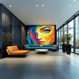 Colorful Abstract Woman's Face Wallpaper Decal | Bold Rainbow Wall Mural Sticker | Large Vinyl Wall Art for Living Room, Office, Hotel Decor