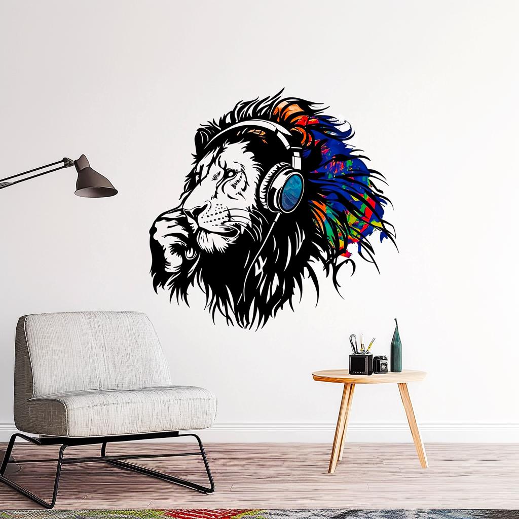 Colorful Lion Headphones Wall Sticker | Large Thinking Lion Wall Decal | Music Lover Wall Art | Vibrant Animal Vinyl Sticker Mural