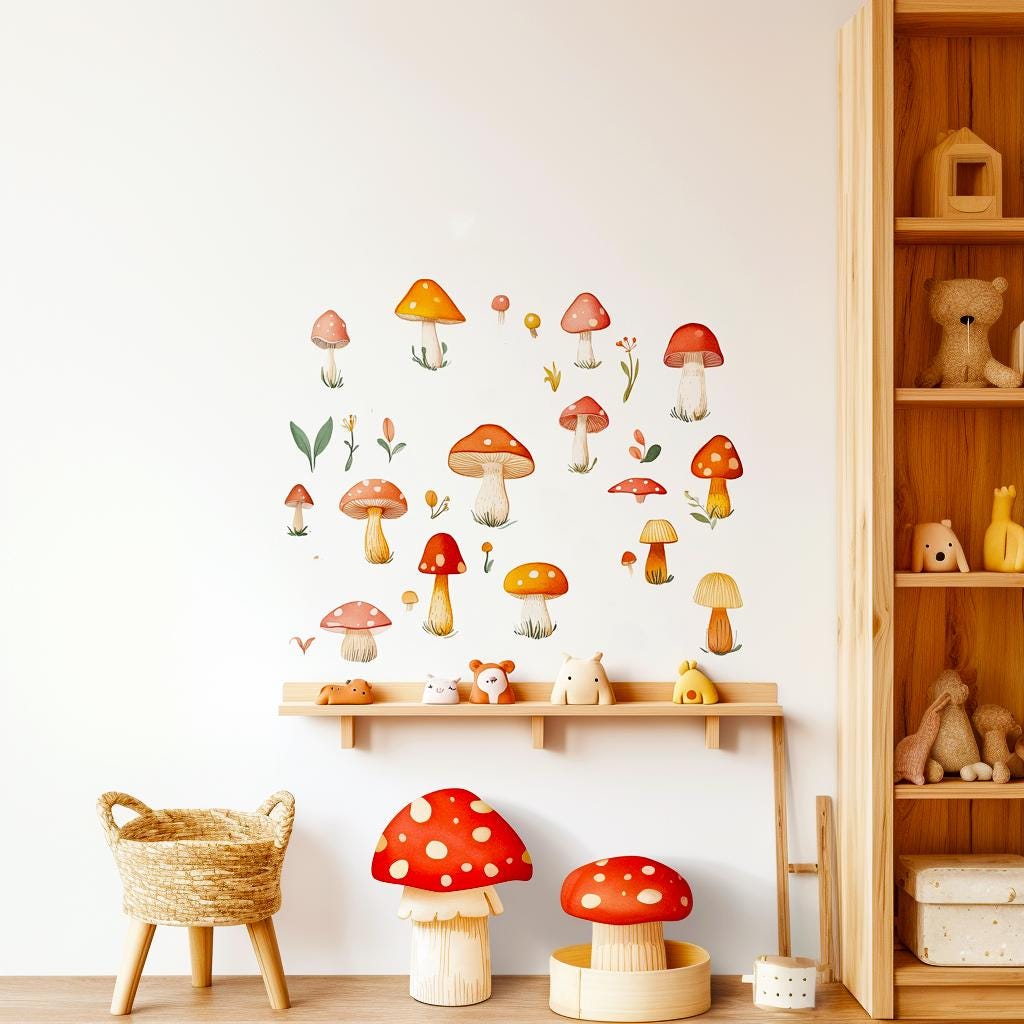 Mushroom Wall Decals | Removable Reusable Forest Wall Stickers for Nursery or Kids Room | Cute Nursery Decor | Nature-Themed Wall Art