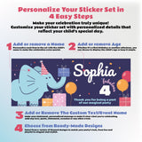 Personalized Elephant Birthday Party Decal Set | Custom Name Age Bottle Treat Decals | Cute Animal Theme | DIY Girls Party Decorations *!
