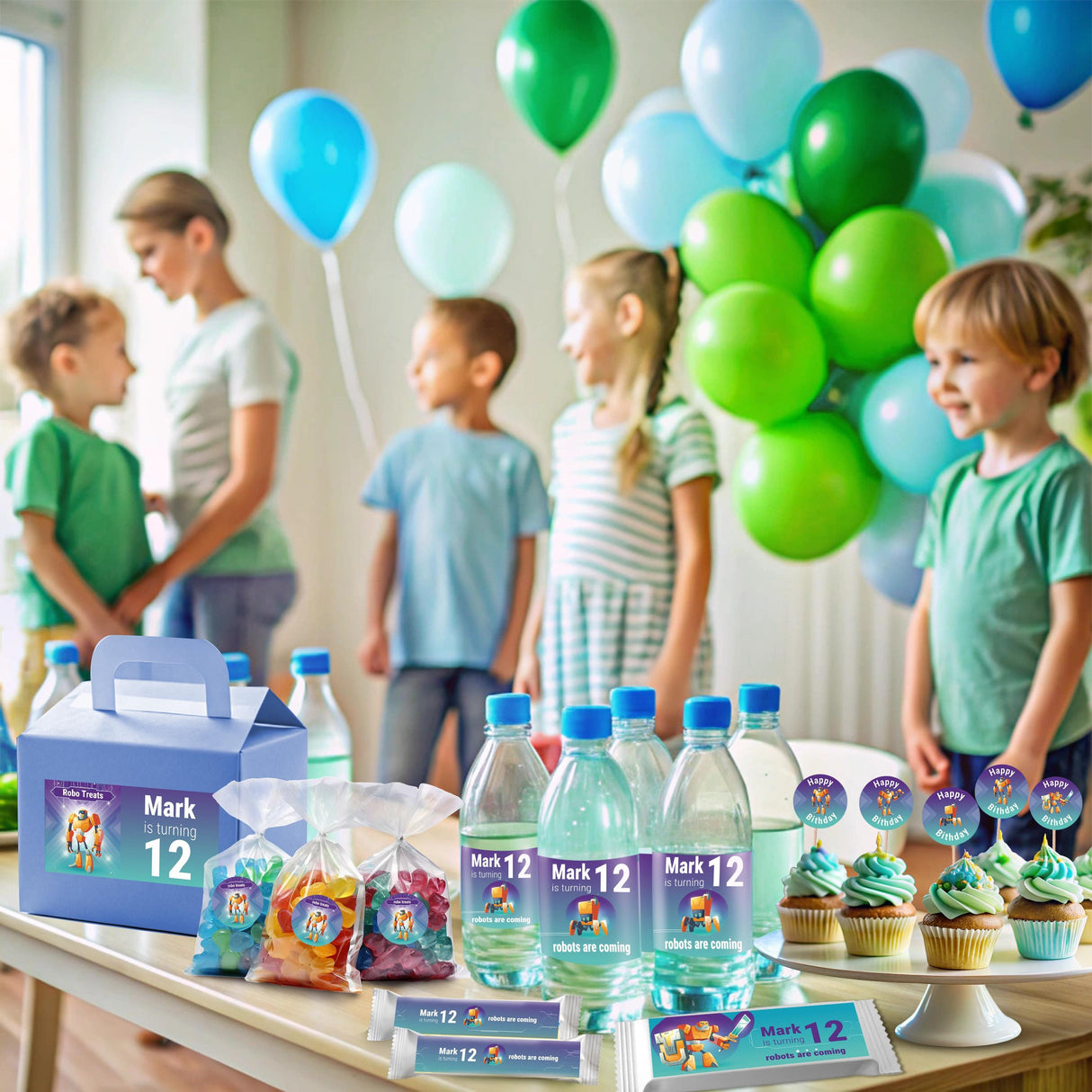 Customizable Robot Themed Birthday Decal Set | Boys Robot Party Stickers | Sci-Fi Birthday Decor | Robot Cake Toppers Water Bottle Labels *!