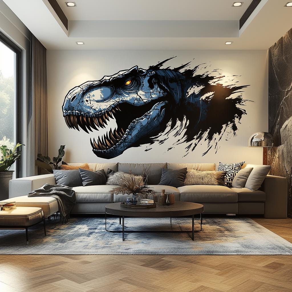 T-Rex Dinosaur Wall Sticker Decal | Fierce 3D Dine Mural | Realistic Dinosaur Wall Art for Kids Room, Bold 3D Effect Wall Sticker Man Cave