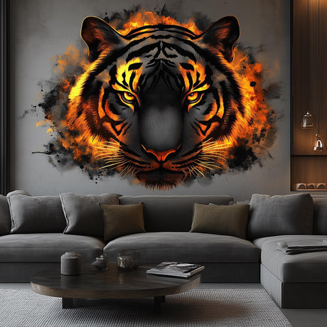 Angry Tiger Wall Decal | Fiery 3D Tiger Face Mural Art | Intense Animal Wall Sticker Decor for Living Room, Office, Bedroom, Safari Accent