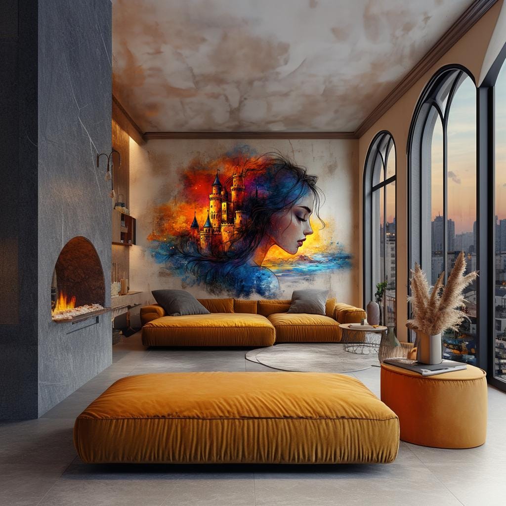 Surreal Woman and Fantasy Castle Wall Decal | Dreamy Abstract Sticker | Vibrant Home Decor Mural