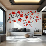 Red Flower Branch Wall Decal | Large Sakura Vinyl Floral Sticker | Removable Nature Art for Living Room, Bedroom, Office, Modern Home Decor