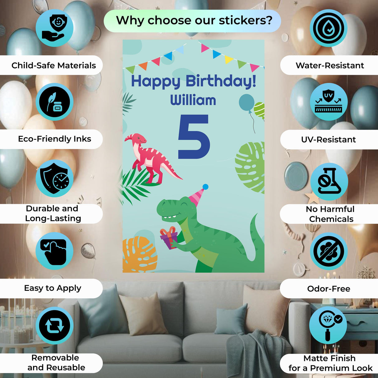 Dinosaur Birthday Wall Sticker | Customizable Birthday Decor | Personalized Dino Wall Decal | Party Decoration Kids Room Mural Removable *!