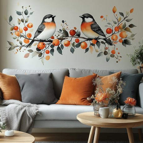 Autumn Bird Wall Decal | Fall Decor Wall Art | Nature-Inspired Bird Sticker | Cozy Living Room Decor | Botanical Mural with Orange Berries