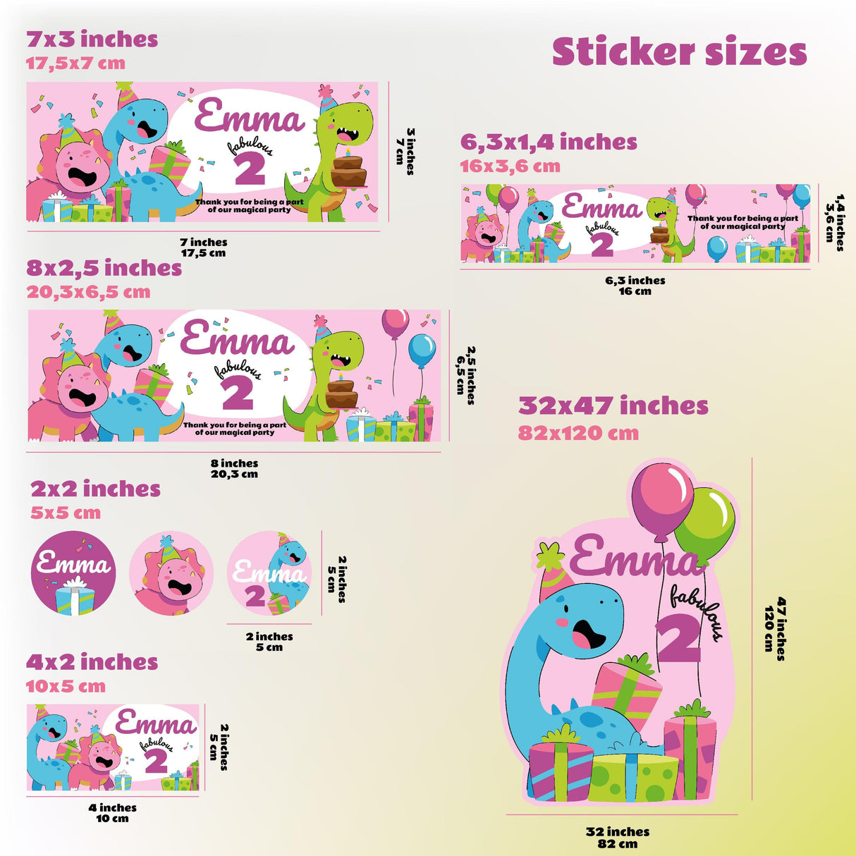 Dinosaur Themed Personalized Kids Birthday Sticker Set | Custom Girl Name Age Party Decor Decals | Birthday Decoration Kit | Party Favor *!