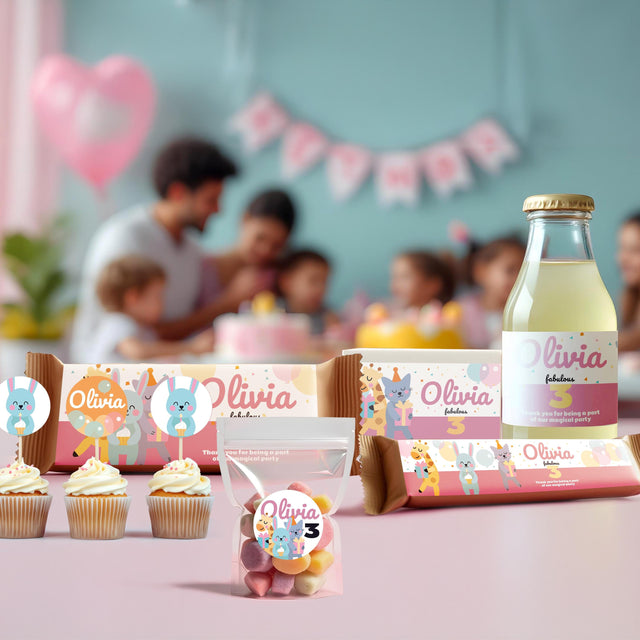 Personalized Kids Party Decal Set | Animal Theme Party Stickers | Custom Name Age Bottle, Box, & Treat Decals | DIY Birthday Decorations *!
