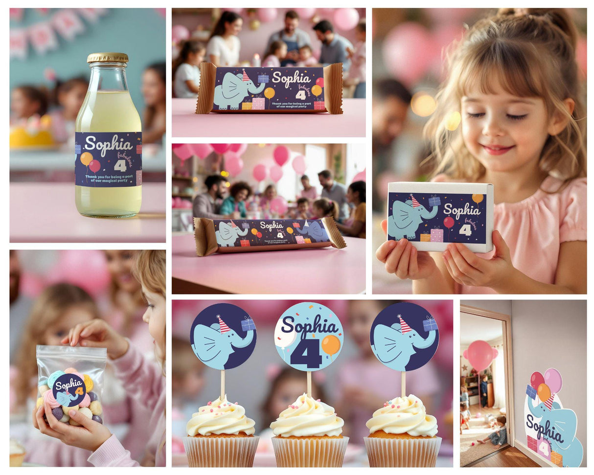 Personalized Elephant Birthday Party Decal Set | Custom Name Age Bottle Treat Decals | Cute Animal Theme | DIY Girls Party Decorations *!