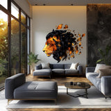 Fragmented orange lion portrait vinyl wall decal displayed in a modern interior.