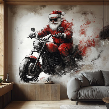 Biker Santa Claus Wall Mural | Bold Christmas Decor | Santa on Motorcycle Wall Art | Holiday Wall Sticker for Man Cave Unique Festive Decor