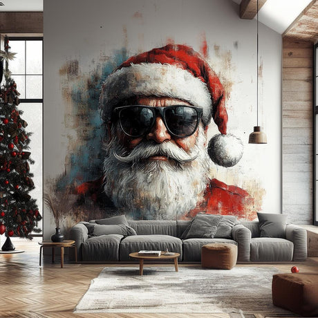 Cool Santa Claus Wall Mural | Edgy Christmas Decal | Santa with Sunglasses Wall Art | Modern Holiday Wall Sticker | Festive Statement Piece