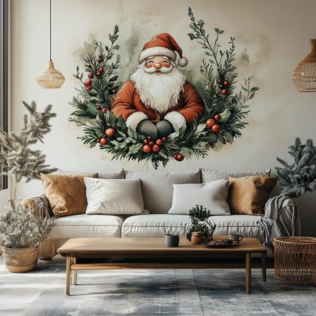 Santa Claus Wreath Wall Mural | Cozy Christmas Decal | Classic Holiday Wall Art | Festive Santa Evergreen Sticker Warm Holiday Decoration