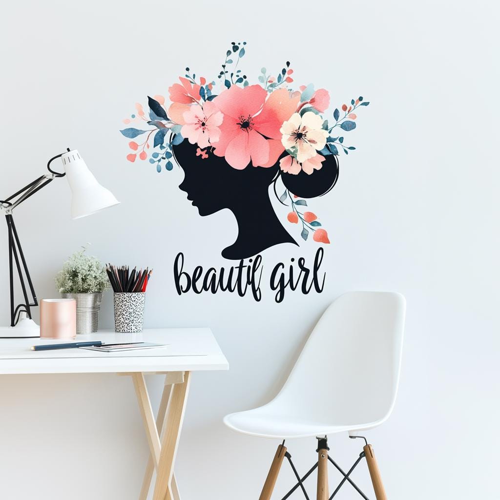 Beautiful Girl Wall Decal | Floral Silhouette Vinyl Sticker | Feminine Room Decor | Removable Wall Art for Girls’ Rooms