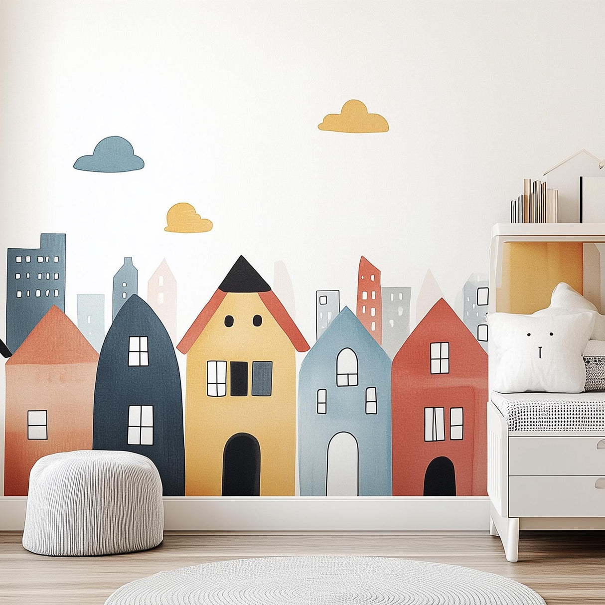 Colorful Town Wall Decal | Whimsical Cityscape Nursery Wall Sticker Art | Removable Kids Room Wall Sticker | Playful House Wall Decor