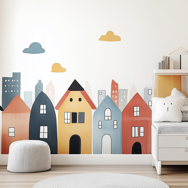 Colorful Town Wall Decal | Whimsical Cityscape Nursery Wall Sticker Art | Removable Kids Room Wall Sticker | Playful House Wall Decor