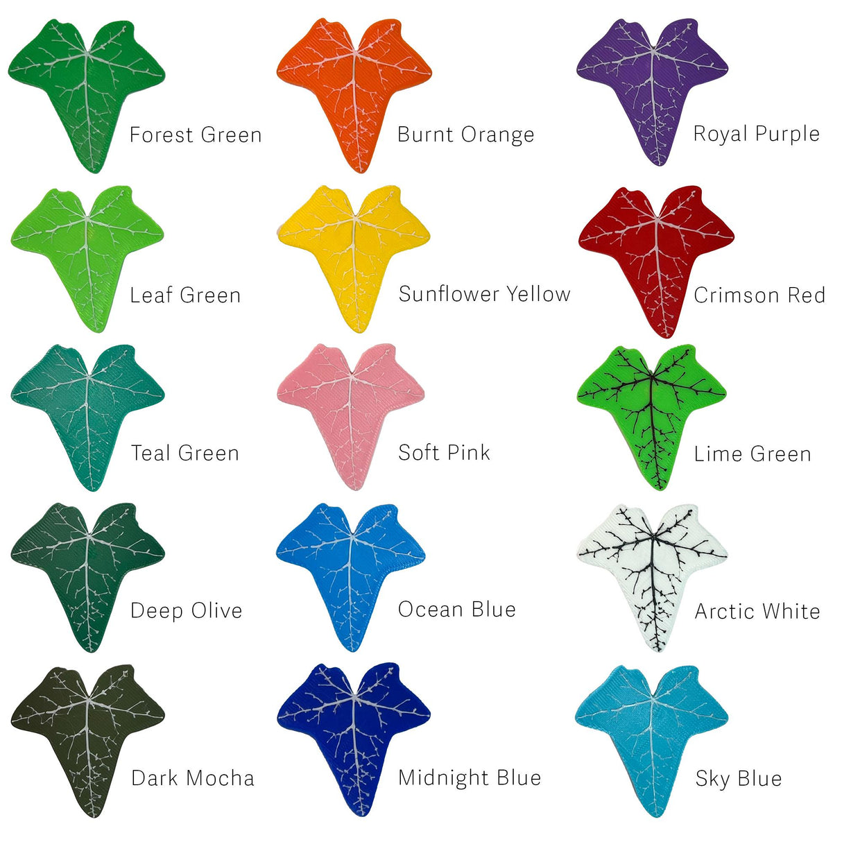 Colorful variety of 3D printed plant-inspired cable organizers in multiple shades, showcasing unique designs for cable management.