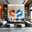 Red and blue watercolor dragon wall decal shown in an alternate clean product view.