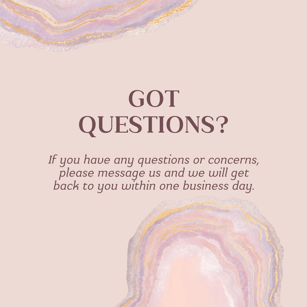 Graphic with text 'Got Questions?' and contact invitation for inquiries, featuring a soft pastel background.