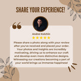 Quote from Andrei Kolchin encouraging customers to share experiences with product reviews and photos.